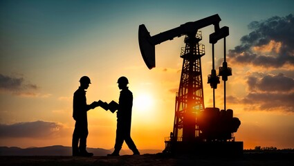 Oil industry workers shaking hands in front of an oil rig at sunset - Powered by Adobe
