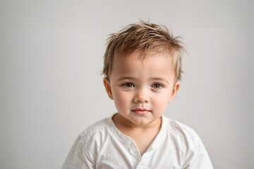 Young boy in white t-shirt on white background