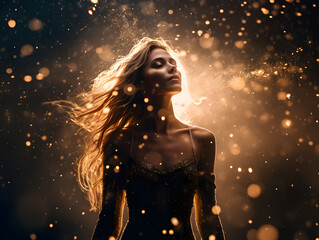 Fashion girl amidst glimmering stardust constellation backdrop