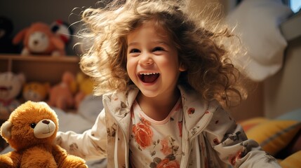 Happy little girl jumps on her bed next to her teddy bear.