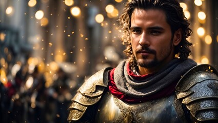 Knight in armor against a background of crowd and sparks - obrazy, fototapety, plakaty