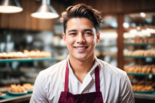 Bakery Worker Wearing White Shirt And Red Apron