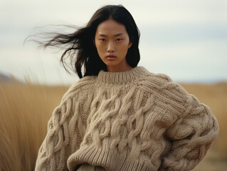 Beautiful young Asian woman in beige knitwear sweater.	 - obrazy, fototapety, plakaty