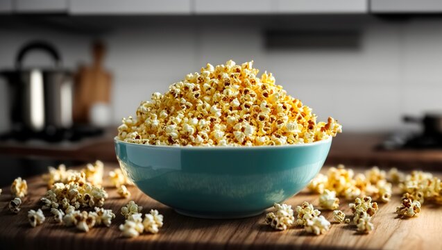 Blue bowl of popcorn on wooden kitchen countertop
