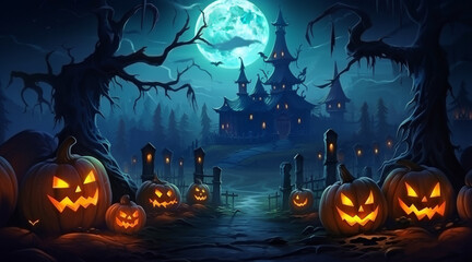 Spooky halloween illustration, pumpkins castle, dark, cartoon style for kids. blue and orange style. 