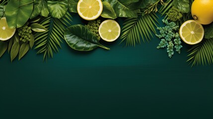 Cut lemons in green leaves and copy space.