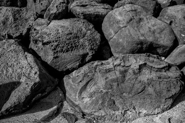 Closeup in Black and White of Lava Boulders.