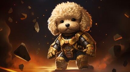 A mini golden doodle in space marine armour - obrazy, fototapety, plakaty