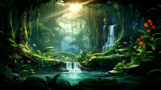 fantasy green forest with beautiful river. seamless looping 4K time-lapse virtual video animation video background looping for live wallpaper 