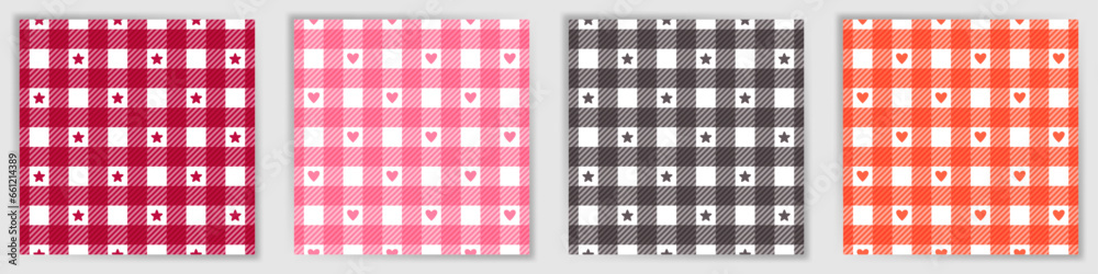 Sticker Tattersall check seamless pattern set. Cute buffalo checkered tartan plaid textile print