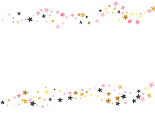 Decorative black pink gold stars random vector wallpaper. Little stardust spangles holiday decoration particles. Party decor stars random pattern. Spangle particles banner decor.