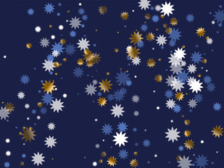 Subtle Christmas star holiday ornament graphic design. Gold blue white twinkle confetti.