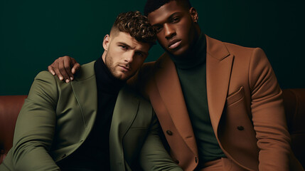 Obraz premium Advertising image. Couple of elegant interracial homosexual men embracing, dressed in high casual clothes, sitting in an armchair on a dark green background.