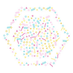 Memphis style geometric confetti background with triangle, circle, square, zigzag and wavy line