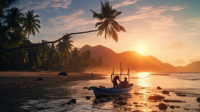 A fisherman fixing his net sitting on a beautiful tropical beach at sunset with bending palm trees fishing gear and a small boat on shore