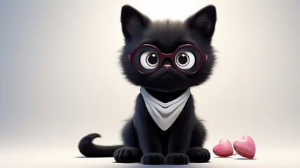 Black cat with a small white heart patch on its chest with glasses