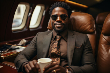 Successful a black businessman sitting in an airplane while holding his coffee