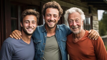 Cheerful portrait of three generations of Caucasian men, all smiling. - obrazy, fototapety, plakaty