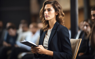 Woman entrepreneur listening attentively visiting a seminar and make notes in notebook