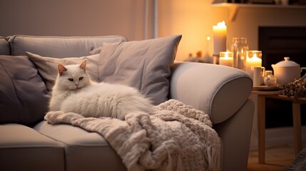 Cozy Scandinavian living room, there is a cat sleeping on the couch, depth of field