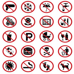 Forbidden icons. prohibiting red symbols no motorcycle animals guns sound phones parking car vector set. illustration forbidden big collection, prohibited and restrict