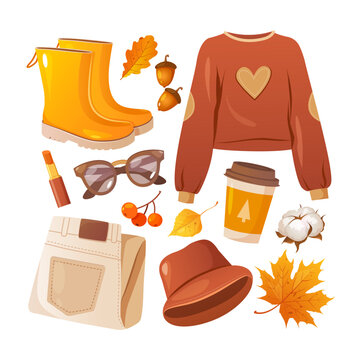 Vector cozy set with clothes and objects for autumn weather