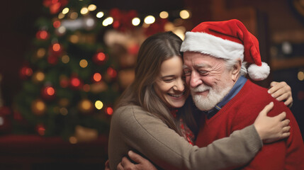 A middle-aged daughter returns home for Christmas to reunite with her father and share family moments on Christmas Eve, a hug with the Christmas tree in the background.copy space - obrazy, fototapety, plakaty