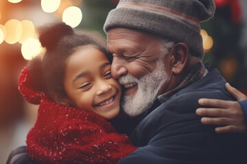 The Joy of Christmas: a grandfather and his granddaughter reunite after a long time, with a strong and emotional hug as she returns home for Christmas. - obrazy, fototapety, plakaty