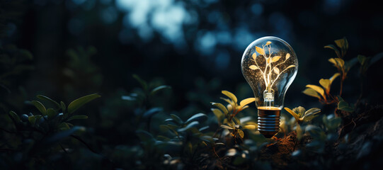 Eco-friendly lightbulb with a growing plant inside symbolizing nature conservation and innovation against a blue-toned background.