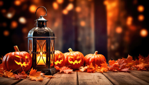 Pumpkin lantern for Halloween by candlelight, in the style of spectacular backgrounds, on a wooden background, in an earthy palette inspired by nature. Generative AI