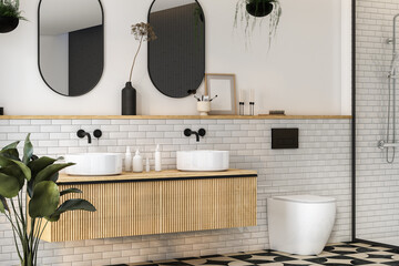 Realistic render of white sink on a wooden countertop in a bathroom interior with tiles, mirror and plants. - obrazy, fototapety, plakaty