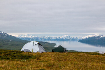 Tents on Padjelanta hiking trail near Laddejahka Mountain hut, Lapland, Sweden