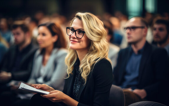 Woman entrepreneur listening attentively visiting a seminar and make notes in notebook