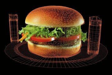3D wireframe representation of a burger hologram. Generative AI