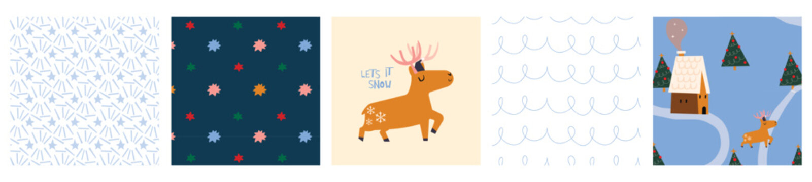 Christmas card and patterns set - hand drawn cute flyers. Postcards with cartoon reindeer  and christmas patterns. Vector illustration.