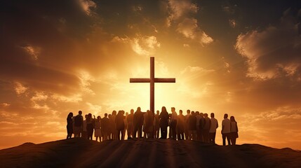 People are standing near the cross. Silhouettes of Christian men and women. Religious concept of faith and prayer. Morning or evening orange background with bright sun. AI Generated - obrazy, fototapety, plakaty