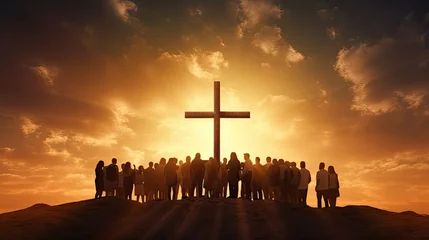 Foto op Canvas People are standing near the cross. Silhouettes of Christian men and women. Religious concept of faith and prayer. Morning or evening orange background with bright sun. AI Generated © Taras