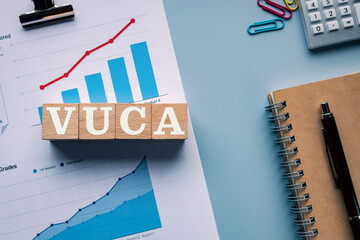 There is wood cube with the word VUCA. It is an abbreviation for Volatility, Uncertainty,...