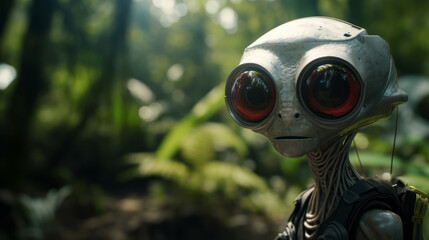 Alien with big eyes from outer space in the jungle.