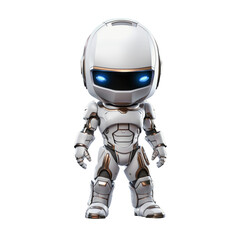 A small white robot with glowing eyes on a transparent background. PNG. Generative AI.