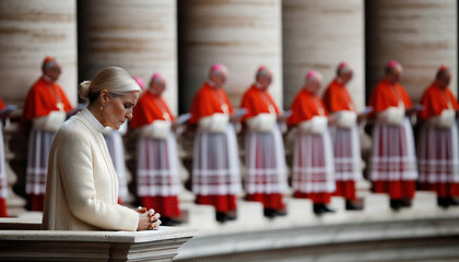 Historic Moment: Female Pope Elected on Vatican Balcony. Generative AI.
