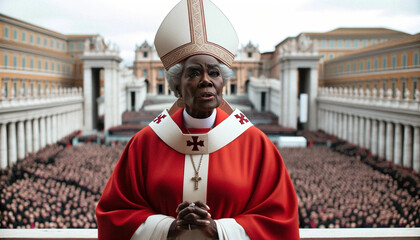 Disruptive Feminism: Black Girl Pope at Vatican Balcony. Generative ai. - obrazy, fototapety, plakaty