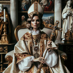 Obraz premium Historic Moment: Young Woman Elected Pope in Catholic Regalia. Generative AI