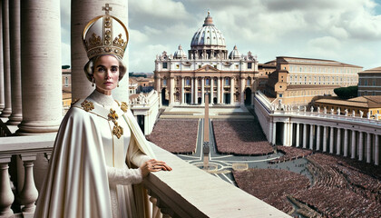 Historic Moment: Female Pope Elected on Vatican Balcony. Generative ai. - obrazy, fototapety, plakaty