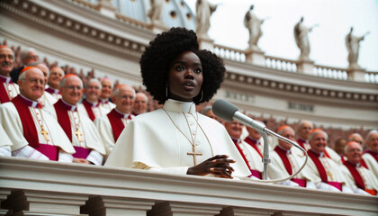 Disruptive Feminism: Black Girl Pope at Vatican Balcony. Generative ai.