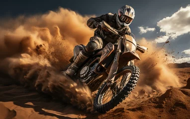 Foto op Plexiglas A man riding his dirt motorbike at the sand dunes © piai