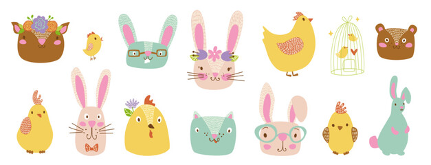 vector easter clipart hand drawn easter animals, isolated cute spring cartoon clipart set: easter bunny, cat, bear, deer, chicken, hen, rooster, birds, pastel easter animals clip art bundle collection