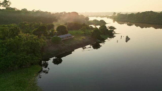 Isolated house in the jungle of amazon tropical rainforest river