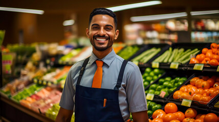 Portrait of an attractive smiling Indian young man shop worker standing in a supermarket Young male food store assistant vegetable and fruit retailer selective focus