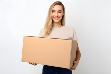 Junge Frau mit Karton in den H&auml;nden als Freisteller
